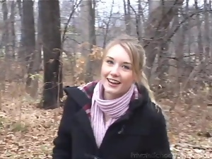 Skinny small tits teen flashes in the woods