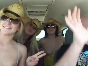 Cowgirl chicks showing off bodies in car