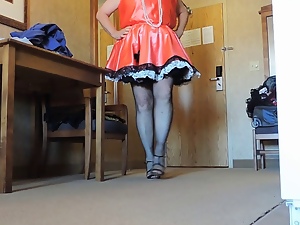 Sissy Ray in Satin Maids Dress and Black Fishnet Stockings