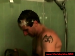 Redneck hairy bear washing his cock