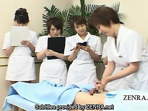 Subtitled CFNM Japanese handjob spa group demonstration