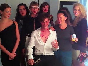 Lucky guy kissed by women wearing lipstick