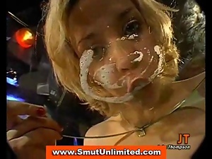 Bukkake cum swallowing