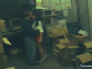 Babe banged on a pile of boxes in security cam clip