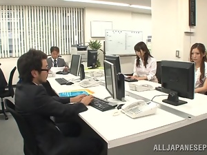 Two stunning Japanese office chicks sucks a dick