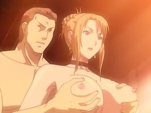 Anime threesome with naked big titted hottie