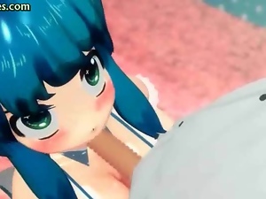 Anime with blue hair doing blowjob