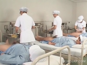Asian nurses slurping cum out of loaded shafts in group