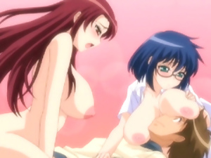 Busty hentai threesome hot fucking and cumshoting