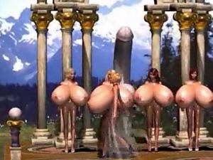 3D cuties with enormous boobs go for a walk in a forest