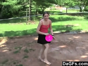Little blonde flashing her body to win the game
