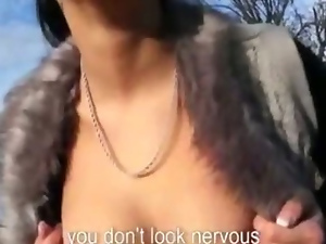 Kinky amateur flashes tits and pounded doggystyle in public