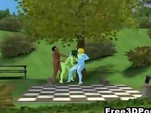 Two sexy 3D cartoon alien hotties get fucked at the park