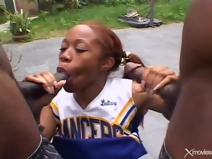 Sweet cheerleader double penetrated by black guys