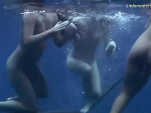 Three girls jump off the boat and go swimming