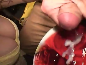 Busty wife eats jelly with cum