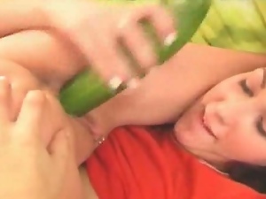 Beauties teen babes play with big cucumber.