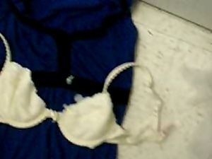 Cum all over her small bra and panties in the laundromat.