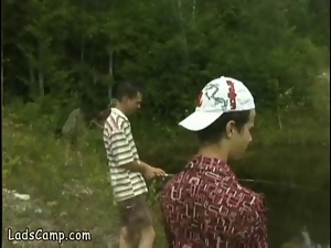 Unlucky young fishermen filmed fucking in forest