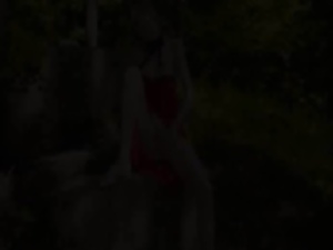 Glass dildo in her girly cunt in forest
