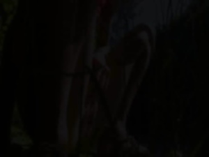 Petite european chick peeing in a forest