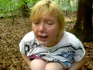 cumming on a granny face in the forest